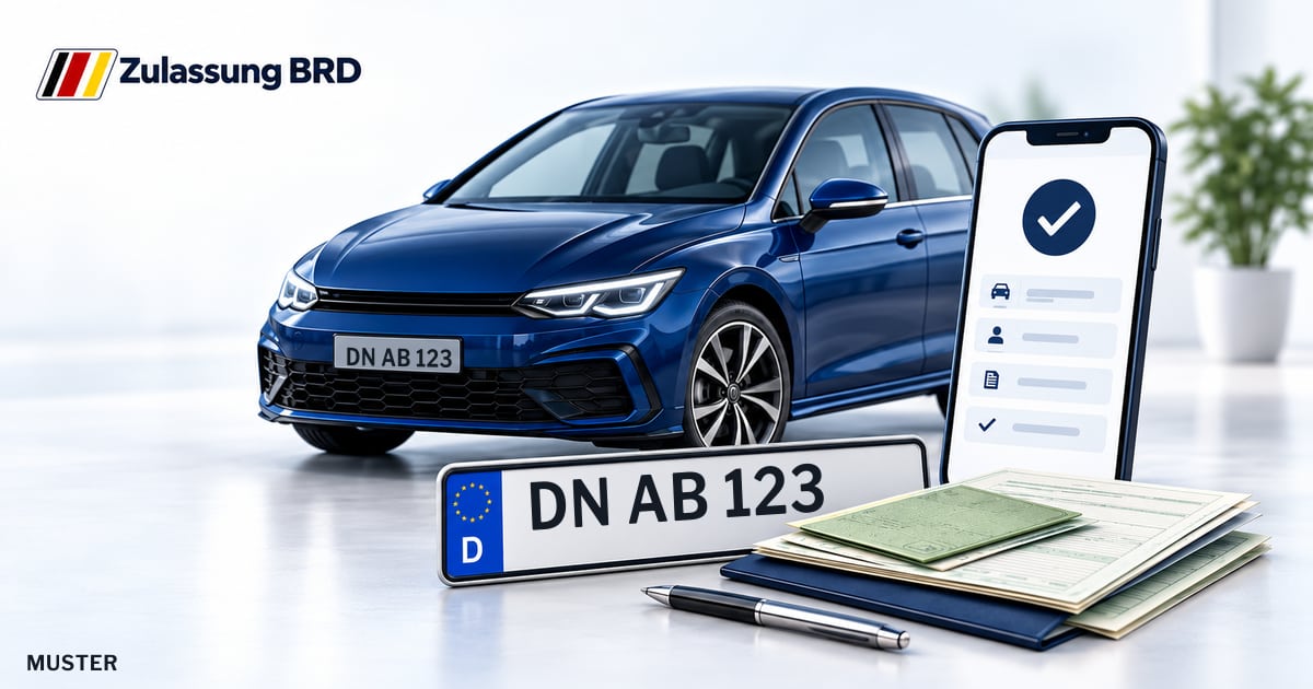 Online Fahrzeugzulassung in Düren: Musterkennzeichen DN AB 123, Auto und Fahrzeugpapiere und Smartphone. Illustration mit Logo von Zulassung BRD.